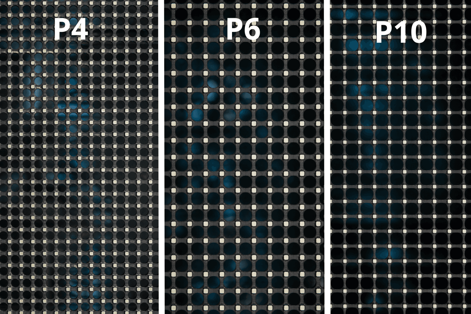 Close-up vergelijking van P4, P6 en P10 LED-pixels — de dichtheid en grootte van de LED-punten zichtbaar van dichtbij