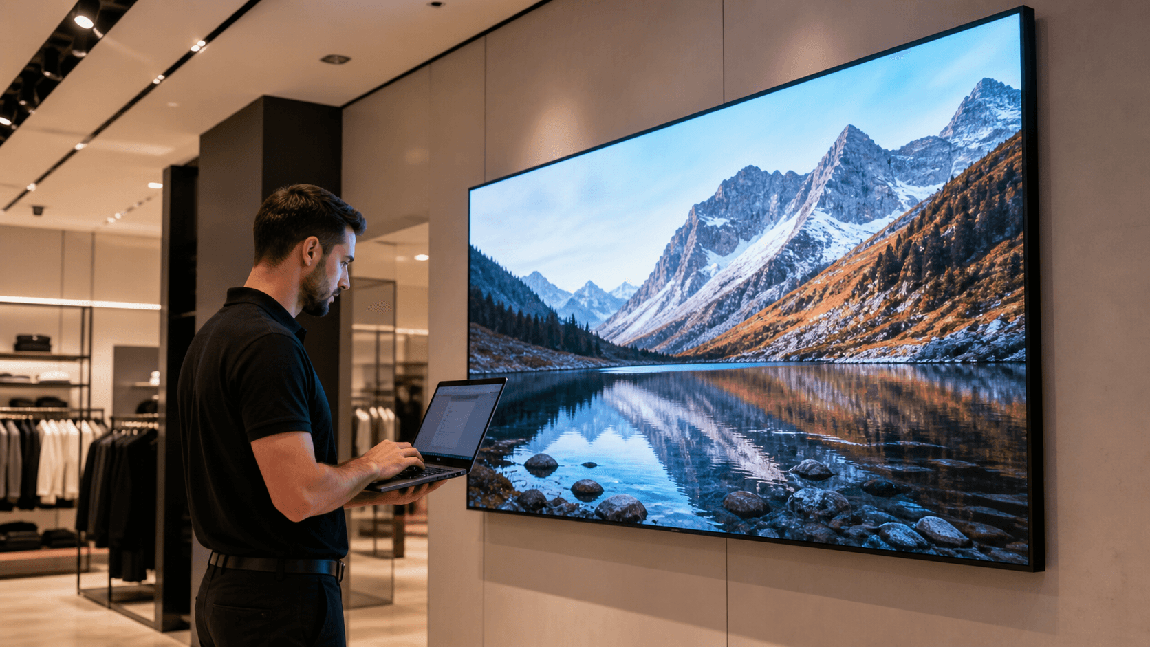 Technieker controleert professioneel LED scherm met laptop in showroom